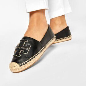 Tory Burch Ines Espadrille Leather Flat Black Silver Shoes, US 7